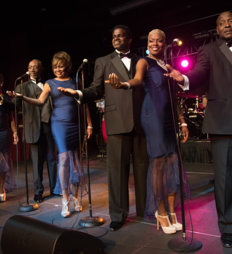 The Fabulous Motown Revue lined up on stage looking at a crowd.